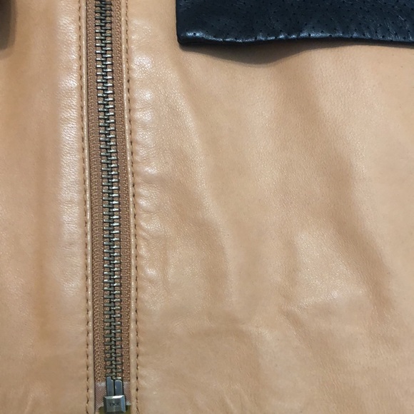 asos REAL Leather jacket Women's 12 camel brown black zip front crop coat EUC - Picture 15 of 16